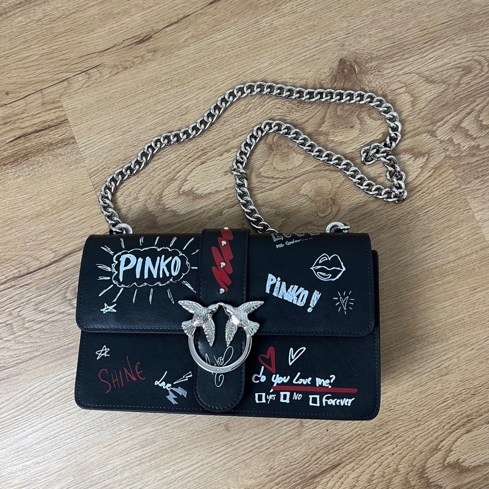 Pinko Edgy Graffiti Love Bag Crossbody Punk Grunge Goth Black Silver Chain Strap